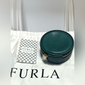 Furla Round Leather Jewelry Case Coin Purse Teal Green Zip Travel Pouch